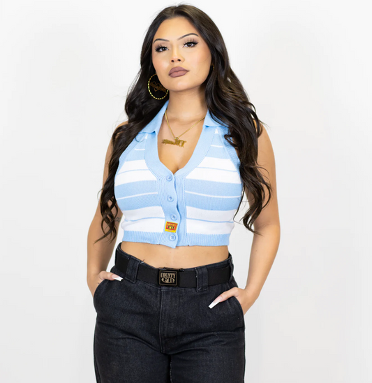 FB COUNTY COLLARED HALTER TOP - SKY/WHITE