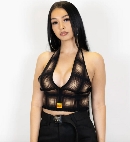 FB COUNTY FLANNEL BACKLESS HALTER TOP - BLACK/TAN