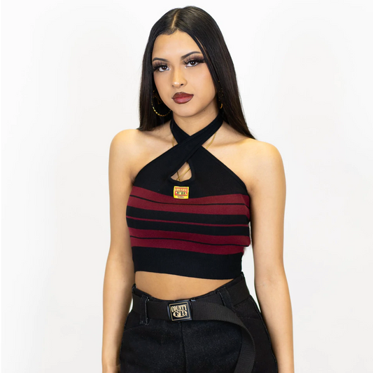 FB COUNTY CHARLIE BROWN CROSS HALTER TOP - BLACK/BURGUNDY