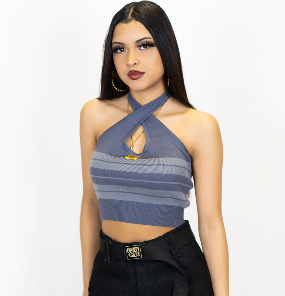 FB COUNTY CHARLIE BROWN CROSS HALTER TOP - CHARCOAL/GREY